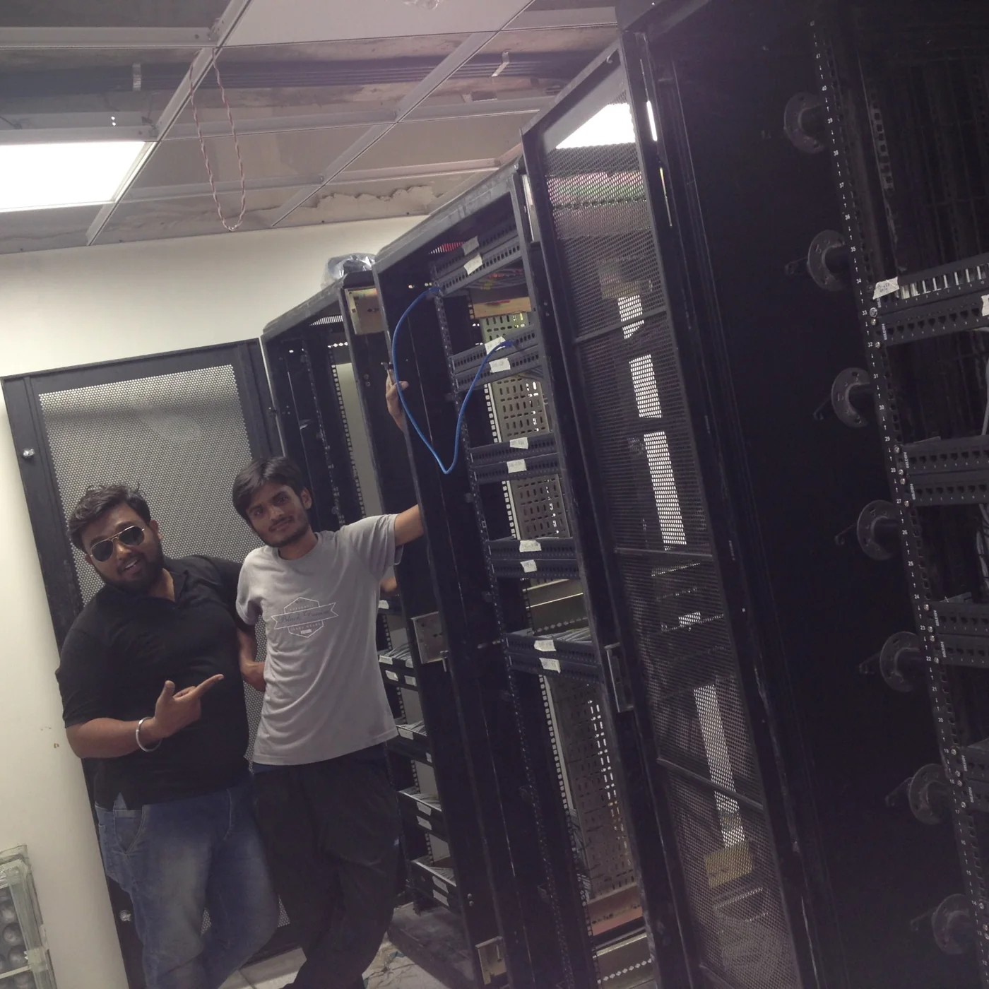 Technicians working in a data center